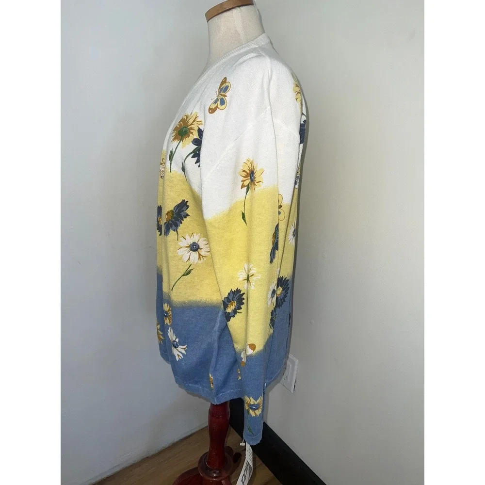 Teddi Vintage Floral Butterfly Cardigan Sweater‎ XL Blue Yellow White Cotton